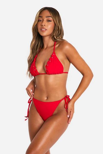 Red Lace Up Detail Triangle Bikini Set