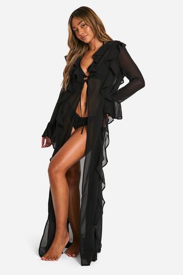 Black Ruffle Maxi Beach Kimono