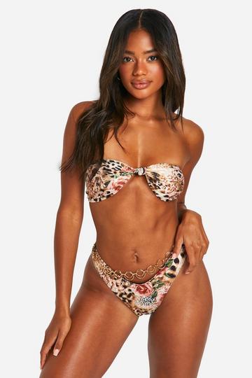 Bandeau Luipaardprint Bloemen Bikini Top brown