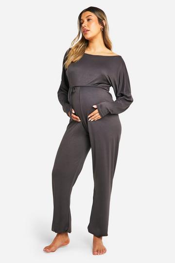 Maternity Slash Neck Wide Leg Lounge Jumpsuit charcoal