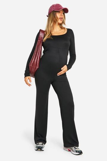 Maternity Square Neck Super Soft Ribbed Jumpsuit black