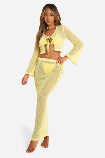 Gehaakte Popcorn Top Met Strik En Maxi Rok Strand Set lemon