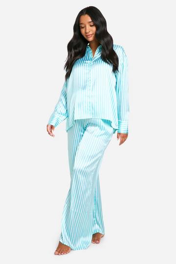 Maternity Green Stripe Button Up Satin Pj Set green