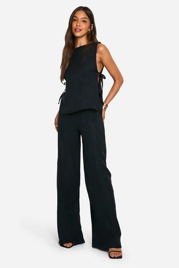 Black Linen Look Tie Side Top & Wide Leg Pants