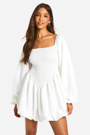 Shirred Long Sleeve Smock Dress white