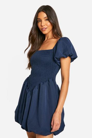 Shirred Short Sleeve Dipped Hemm Smock Dress navy