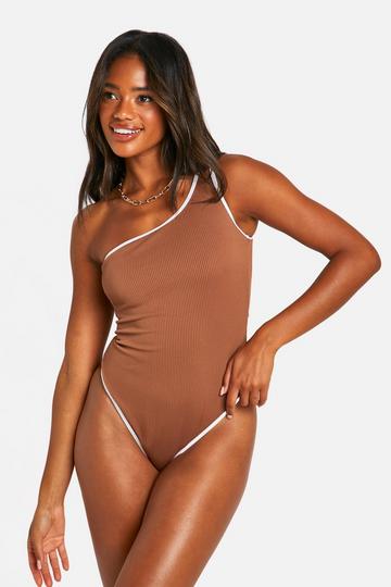 Contrast Binding Ribbed One Shoulder Swimsuit chocolate