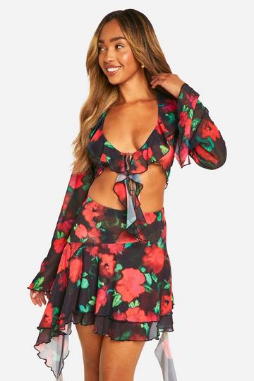 Floral Ruffle Tie Front Beach Top black