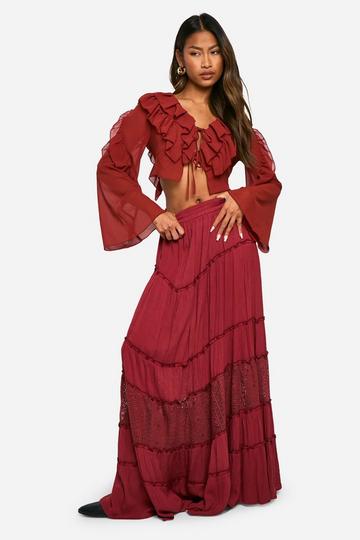 Lace Insert Floaty Folk Maxi Skirt berry