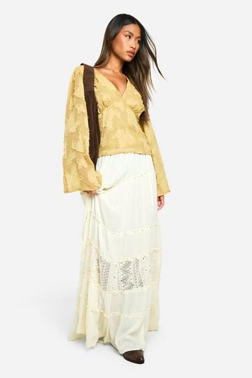 Lace Insert Floaty Folk Maxi Skirt almond