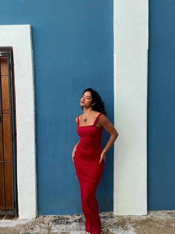 Square Neck Lace Maxi Dress red