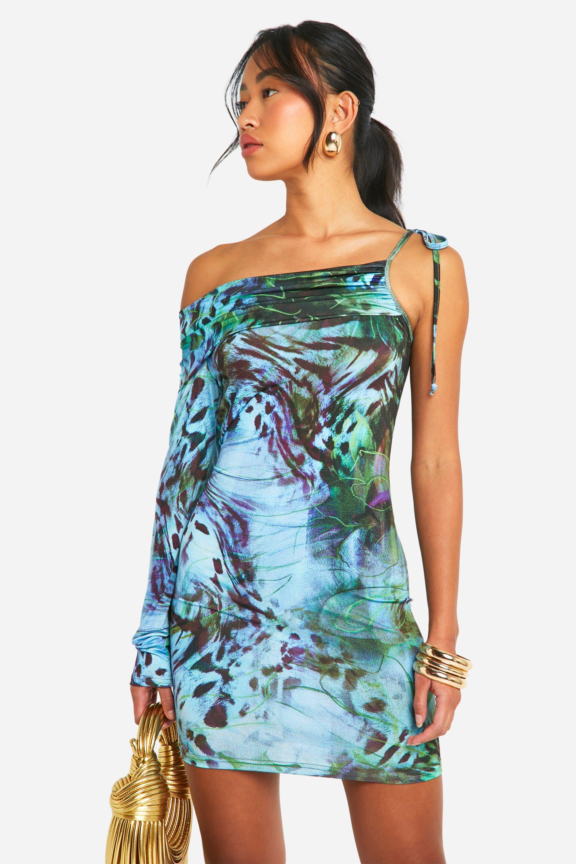 Slinky Printed One Shoulder Mini Dress boohoo UK