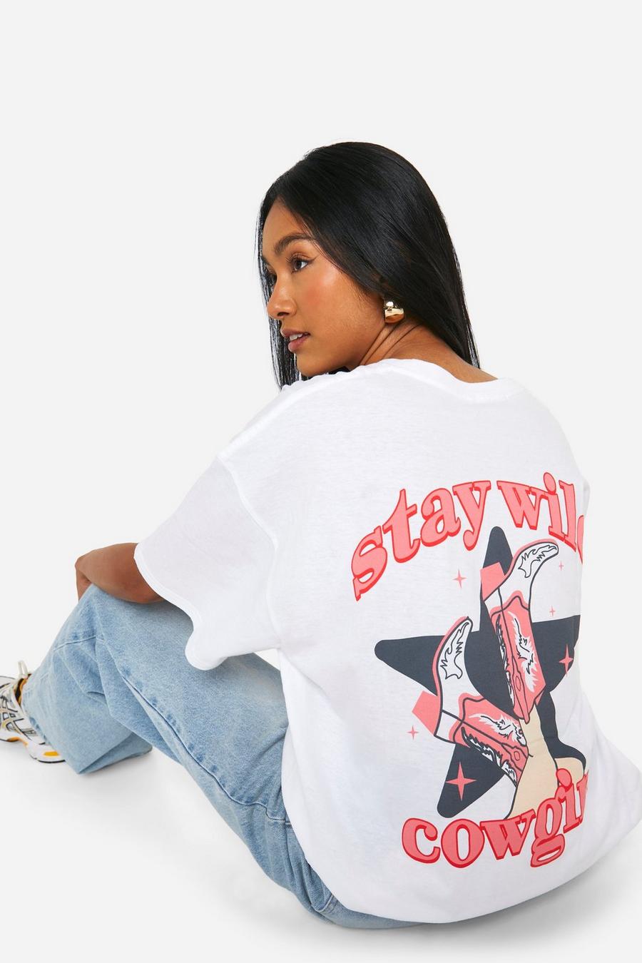 White Stay Wild Cowgirl Western Slogan Printed Oversized T-shirt image number 1