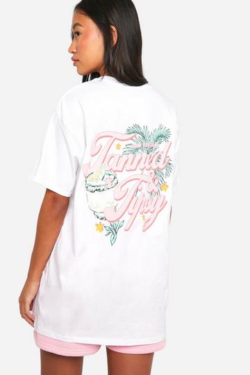 White Tanned & Tipsy Slogan Printed Oversized Summer T-shirt