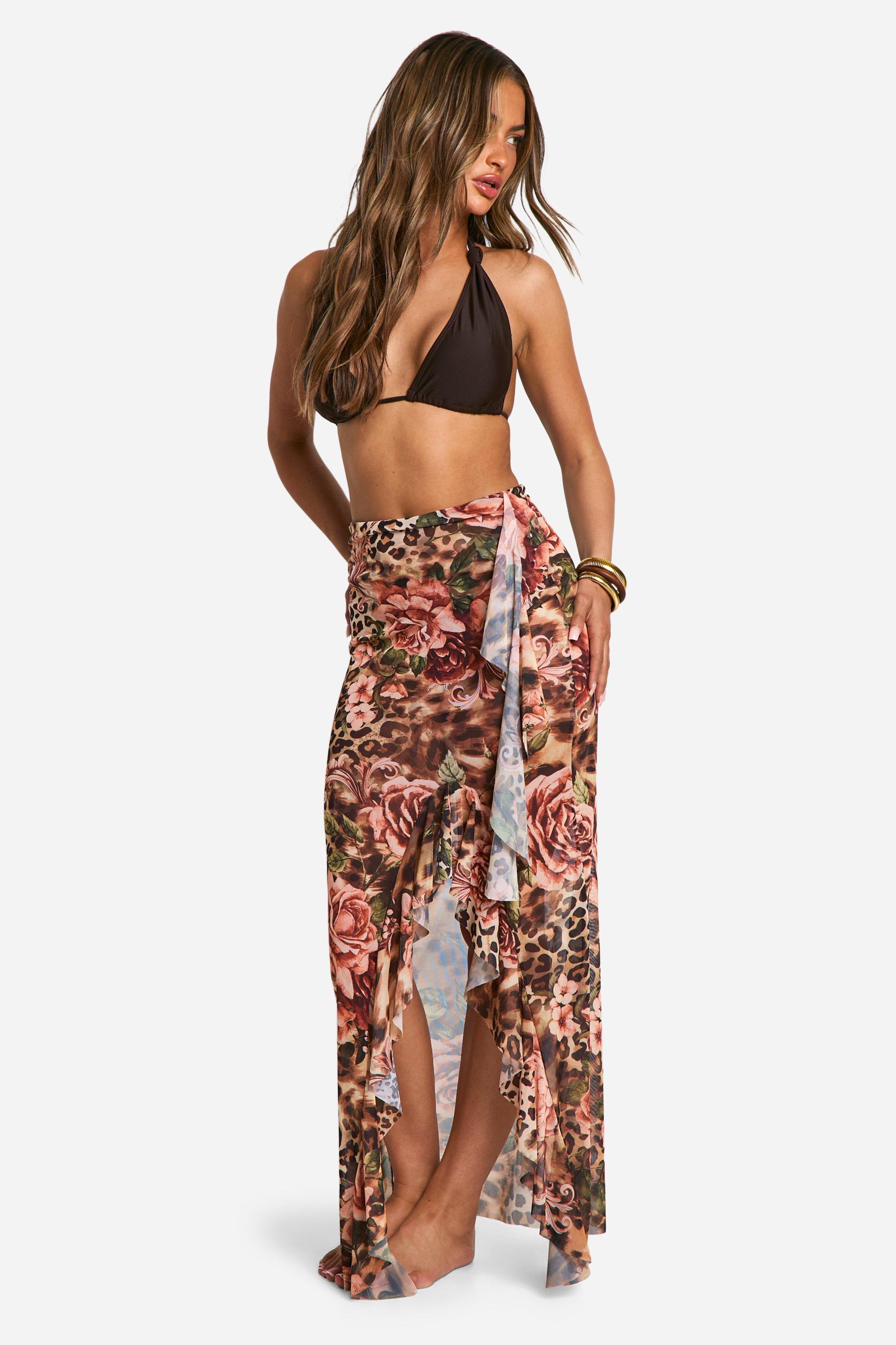 Brown Leopard Floral Ruffle Beach Maxi Skirt 