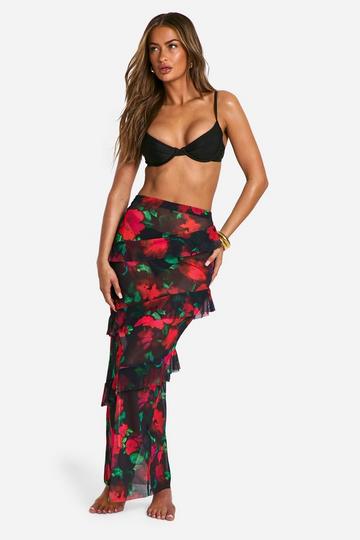 Floral Ruffle Beach Maxi Skirt black