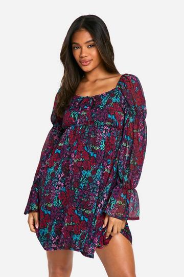 Floral Crinkle Chiffon Long Sleeve Smock Dress multi