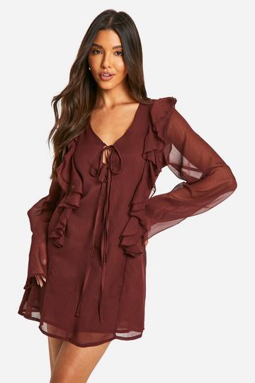 Crinkle Chiffon Ruffle Tie Front Mini Dress chocolate