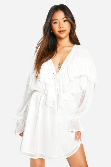 Cream White Crinkle Chiffon Ruffle Long Sleeve Mini Dress