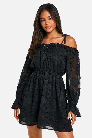 Burnout Floral Lace Up Front Mini Dress black