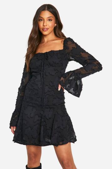 Black Burnout Floral Milkmaid Mini Dress