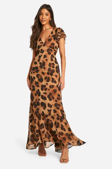 Brown Leopard Crinkle Chiffon Angel Sleeve Maxi Dress