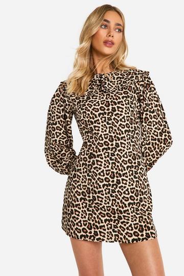 Leopard Textured Oversized Collar Mini Dress brown