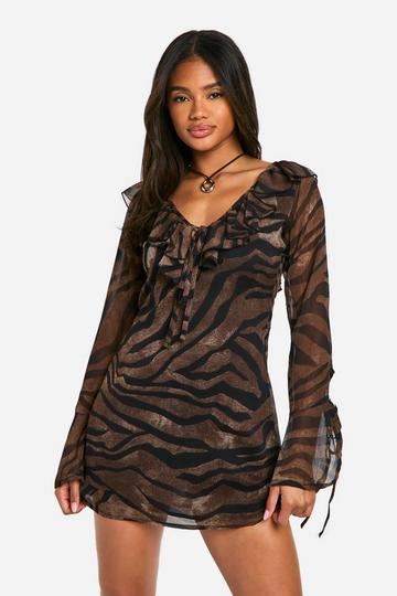 Brown Printed Chiffon Ruffle Shift Dress