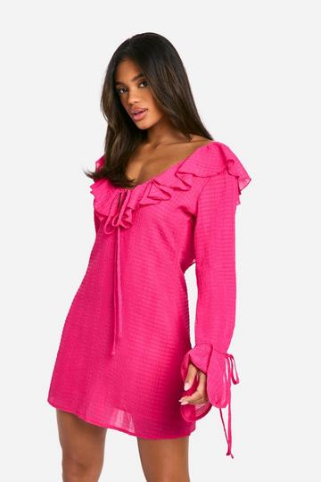 Textured Chiffon Ruffle Shift Dress hot pink