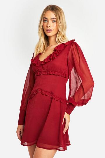 Burgundy Red Crinkle Chiffon Ruffle Detail Smock Dress