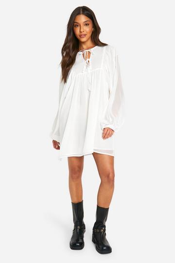 Cream White Crinkle Chiffon Smock Dress