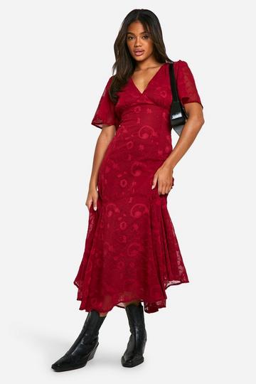 Burgundy Red Jacquard Floral Angel Sleeve Midaxi Dress