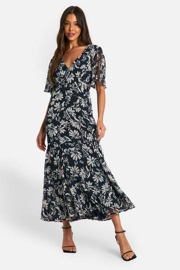 Printed Chiffon Angel Sleeve Midaxi Dress black