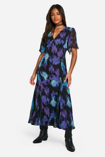 Printed Chiffon Angel Sleeve Midaxi Dress multi