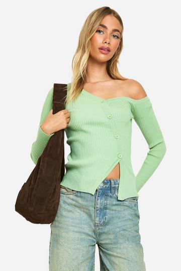 Premium Rib One Shoulder Knitted Top green