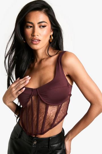 Lace Detail Satin Cupped Corset chocolate