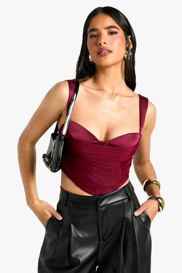 Satin Mesh Strappy Crop Corset wine