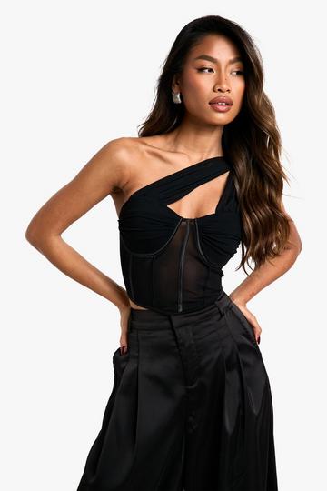 Black One Shoulder Mesh And Satin Mix Corset Top