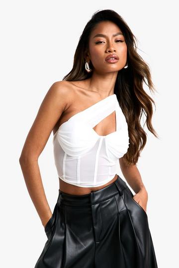 One Shoulder Mesh And Satin Mix Corset Top ivory