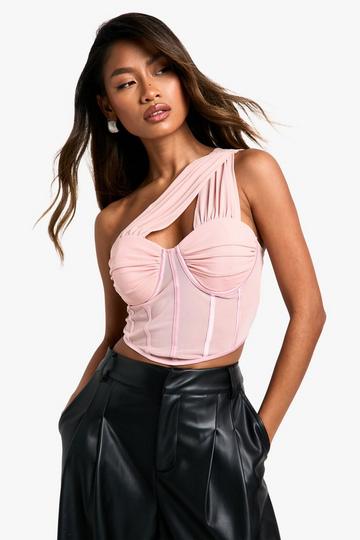 One Shoulder Mesh And Satin Mix Corset Top pink