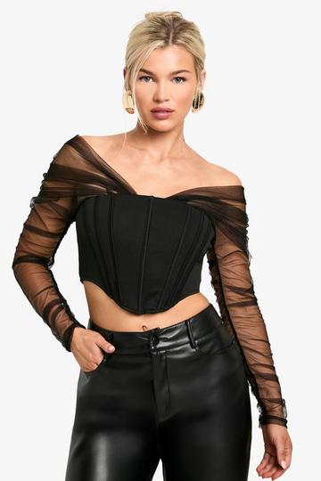 Ruched Mesh Long Sleeve Corset black