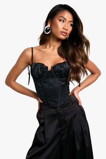 Black Tie Strap Boned Satin Corset Top