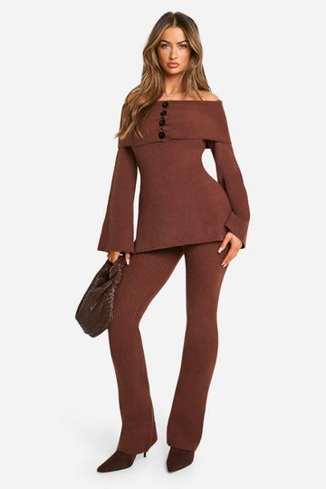 Premium Rib Knitted Flare Trousers chocolate