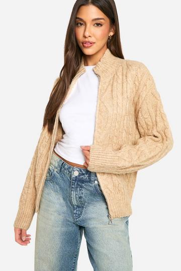 Premium Heavy Weight Cable Knit Zip Cardigan beige