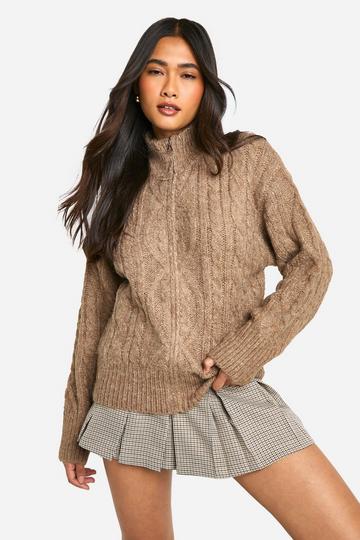 Premium Heavy Weight Cable Knit Zip Jacket mocha