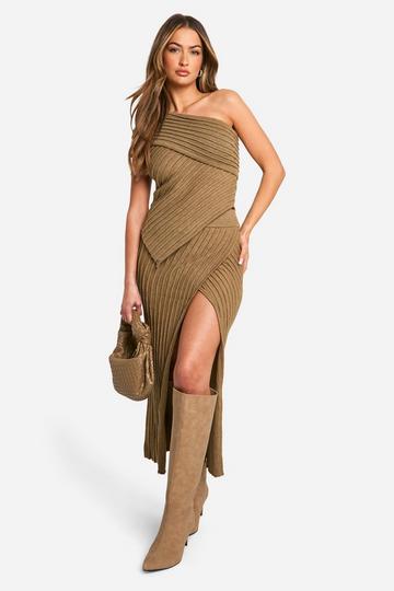 Gebreide Geribbelde Premium Maxi Rok Met Split mocha