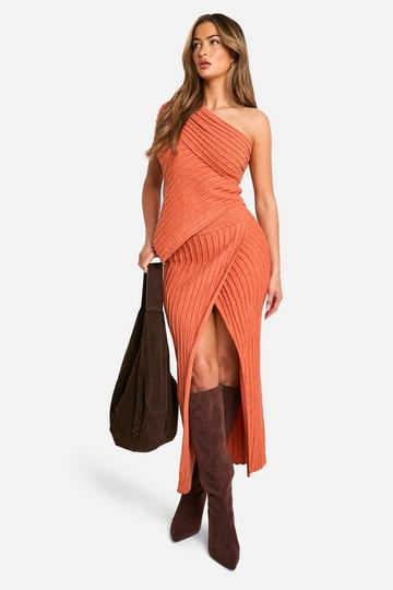 Premium Knitted Rib Split Front Maxi Skirt peach