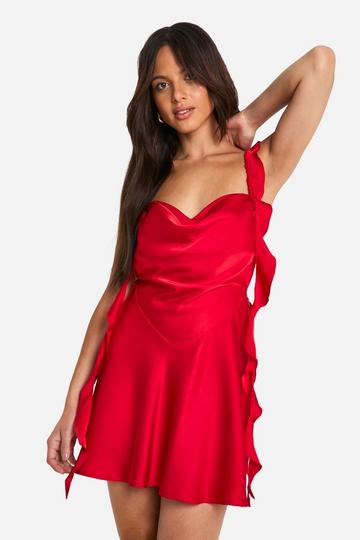 Satin Frill Strap Mini Dress red