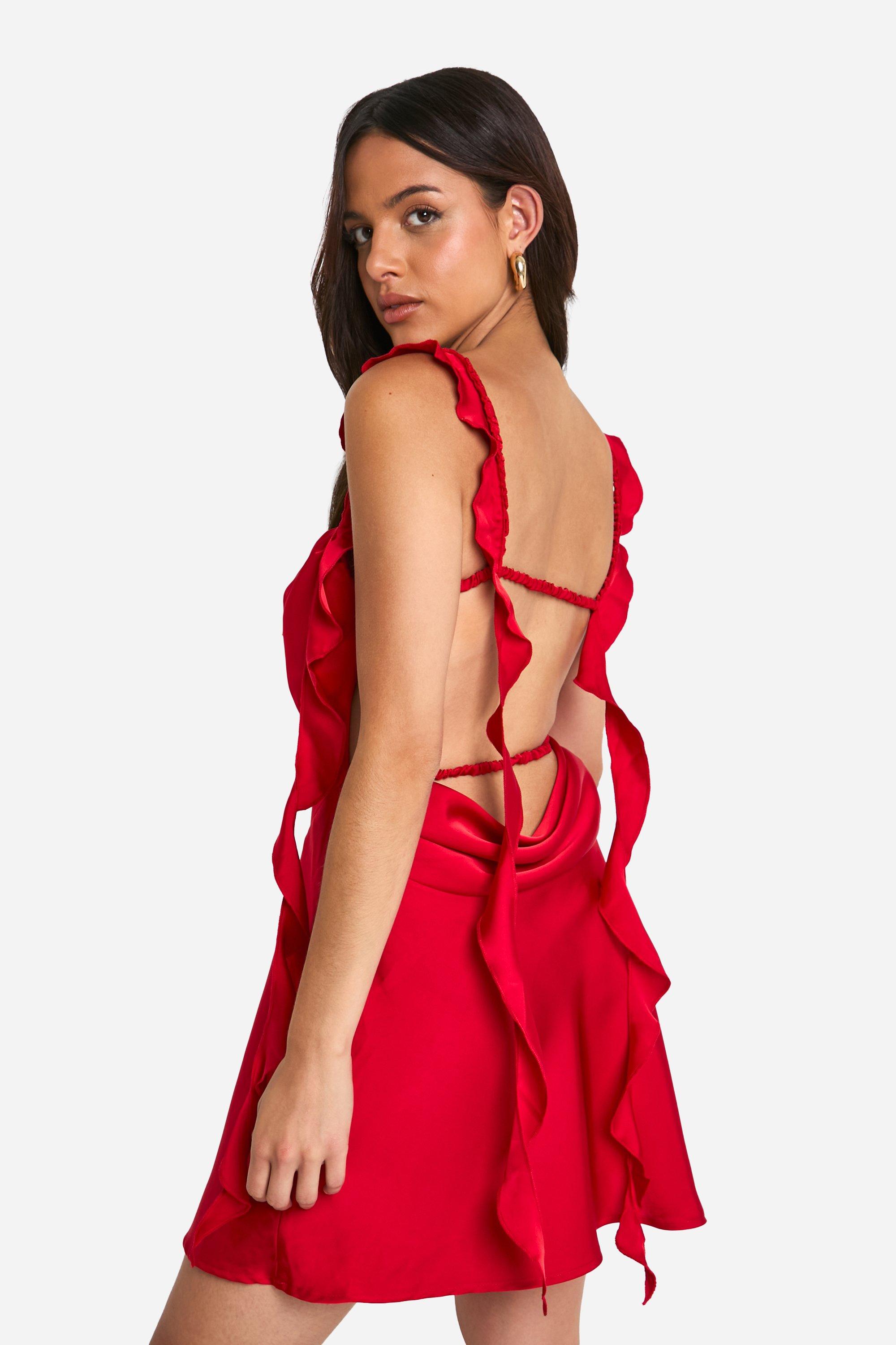 Boohoo red frill dress hotsell
