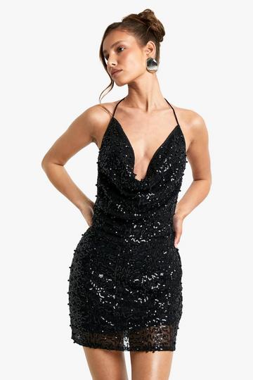 Cowl Neck Pearl Sequin Mini Dress black